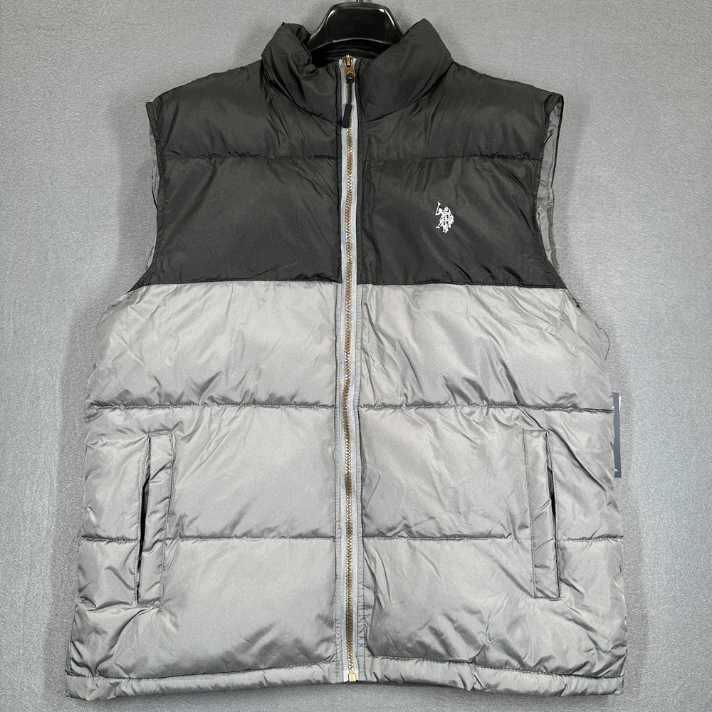 NWT U.S.‎ Polo Assn Vest Mens M Black Gray Colorblock Puffer Full-Zip Outdoor